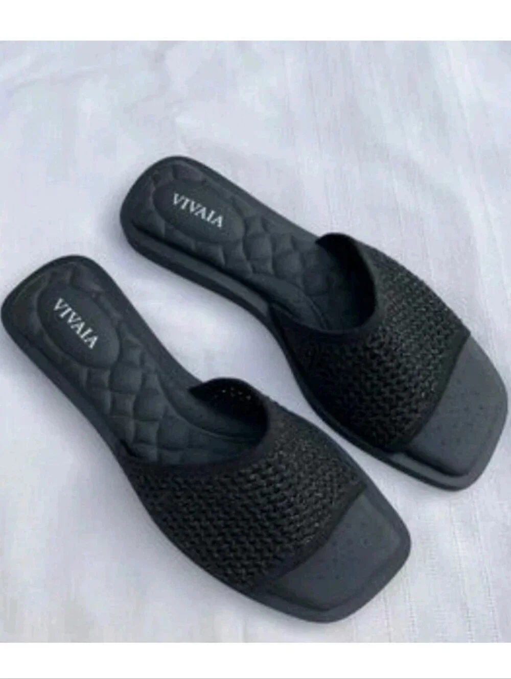 ⁠VIVAIA Square Toe Woven Mesh Slide Sandals Flats Black Knit Stretch 8.5 NEW